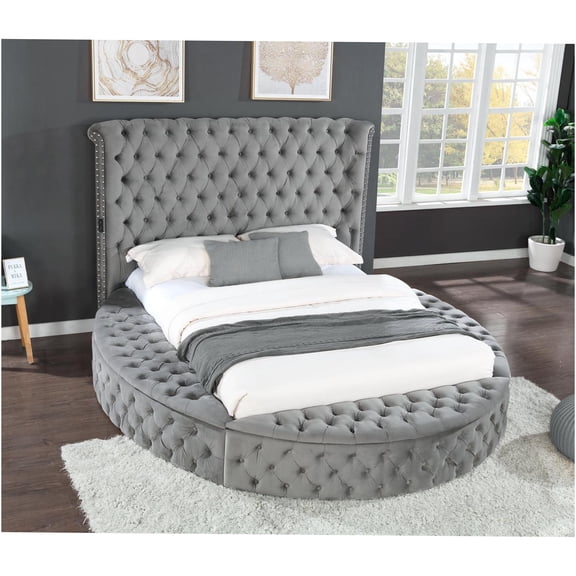 JERFIT Queen Upholstered Storage Bed with Bluetooth Speakers, USB Ports, Velvet Headboard Footboard, Modern Platform Bed Frame, Gray