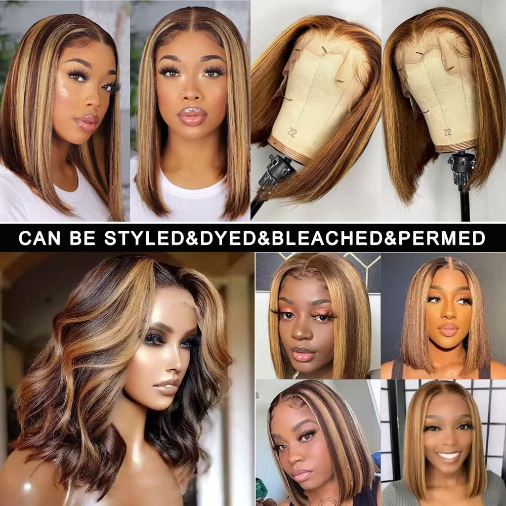 Highlight Ombre, 13x4 Lace Front, Glueless Short Bob Human Hair Wig, P4/27 Honey Blonde 8inch