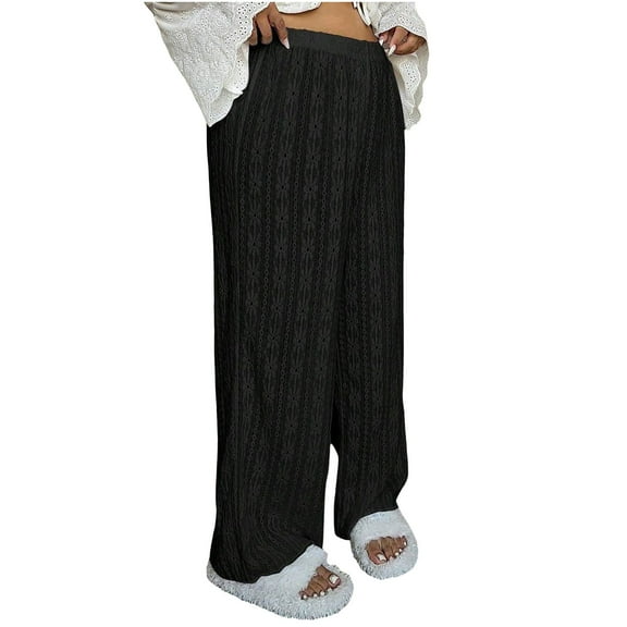 jtjvou 2025 Womens Crochet Swimsuit Coverup Pants High Waisted Drawstring Sheer Mesh Knit Wide Leg Beach Pant Black XXXXL