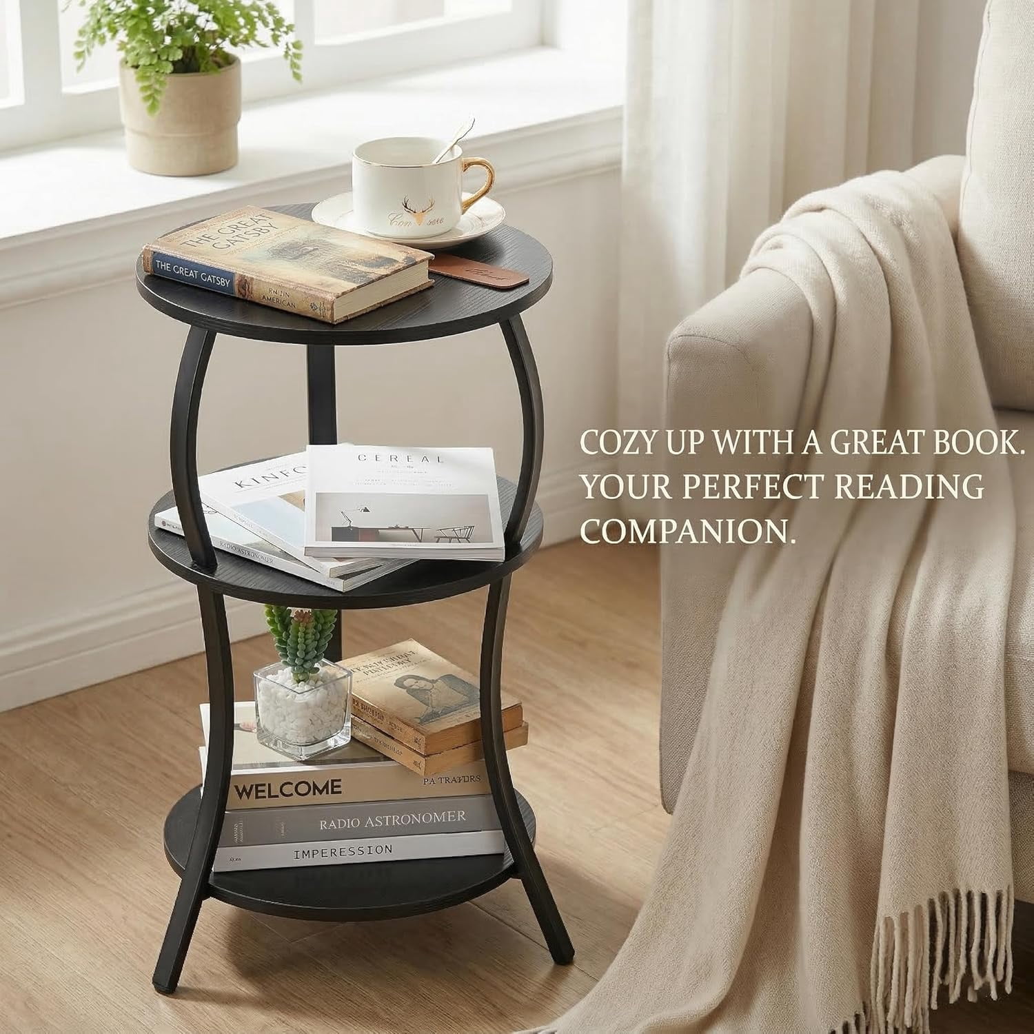 ZEXVIDA Vintage Small Round Side Table, 3-Tier Circular End Table with Storage Shelf, Compact Tea Sofa Table, Round Corner Coffee Table Nightstand for Living Room Bedroom Small Spaces,Black