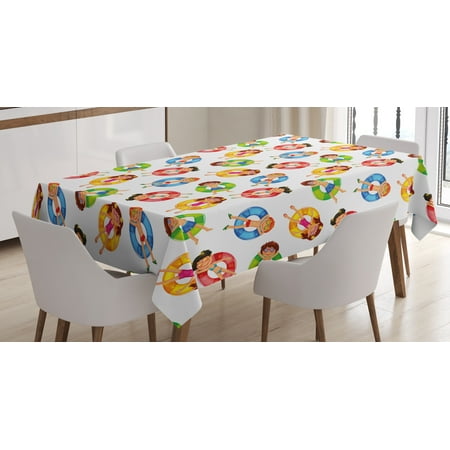 Kids Tablecloth, Children in the Pool on Life Buoys Swimming Summer Season Themed Cartoon Characters, Rectangular Table Cover for Dining Room Kitchen, 60 X 84 Inches, Multicolor, by