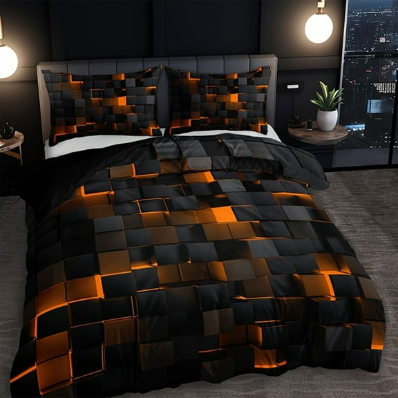 Geometric Orange Black Comforter Set,Light Honeycomb 3 Piece Bedding Set Twin Size for Teen Boys,Modern Bedding Quilt Set Geometry Decor,Microfiber Lightweight 1 Comforter 2 Pillowcases(59"*78.7")