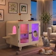 thumbnail image 5 of Cat Hidden Litter Box Enclosure with RGB LED Light, Cat House with Stairs and Pom-Pom Toys, Litter Box Cabinet with Glass Doors and Walkway, Beige, 5 of 16