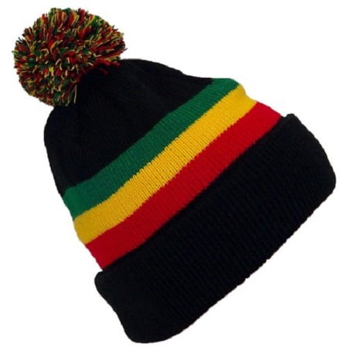 Rasta Logo Black Winter Cuff Beanie Hat Pom Pom Reggae