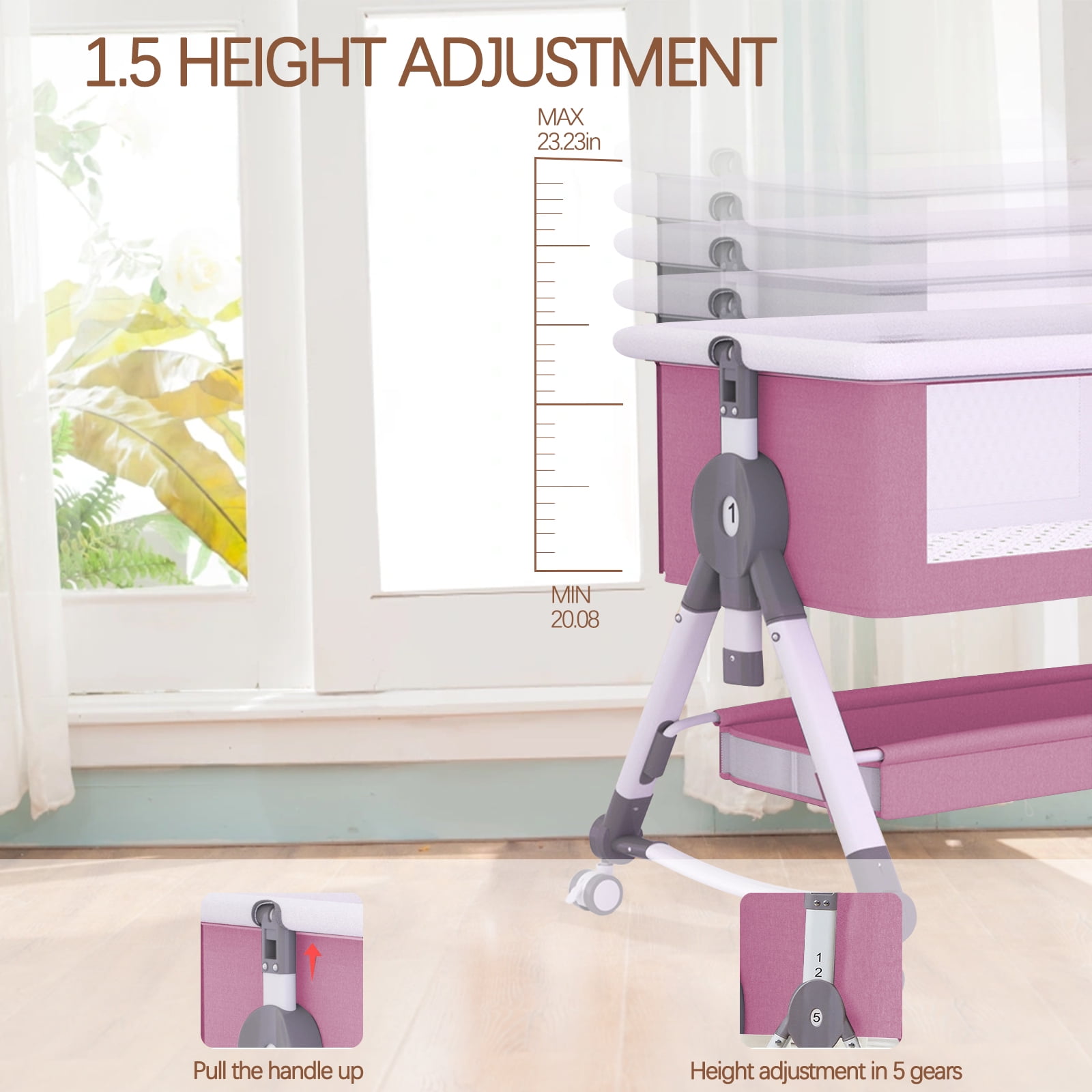 MINGYI 3 in 1 Baby Bassinet & Bedside Sleeper(0-24 months), Foldable Baby Crib with 6 Adjustable Heights and mosquito net, for Newborns and infants (Brownie pink)
