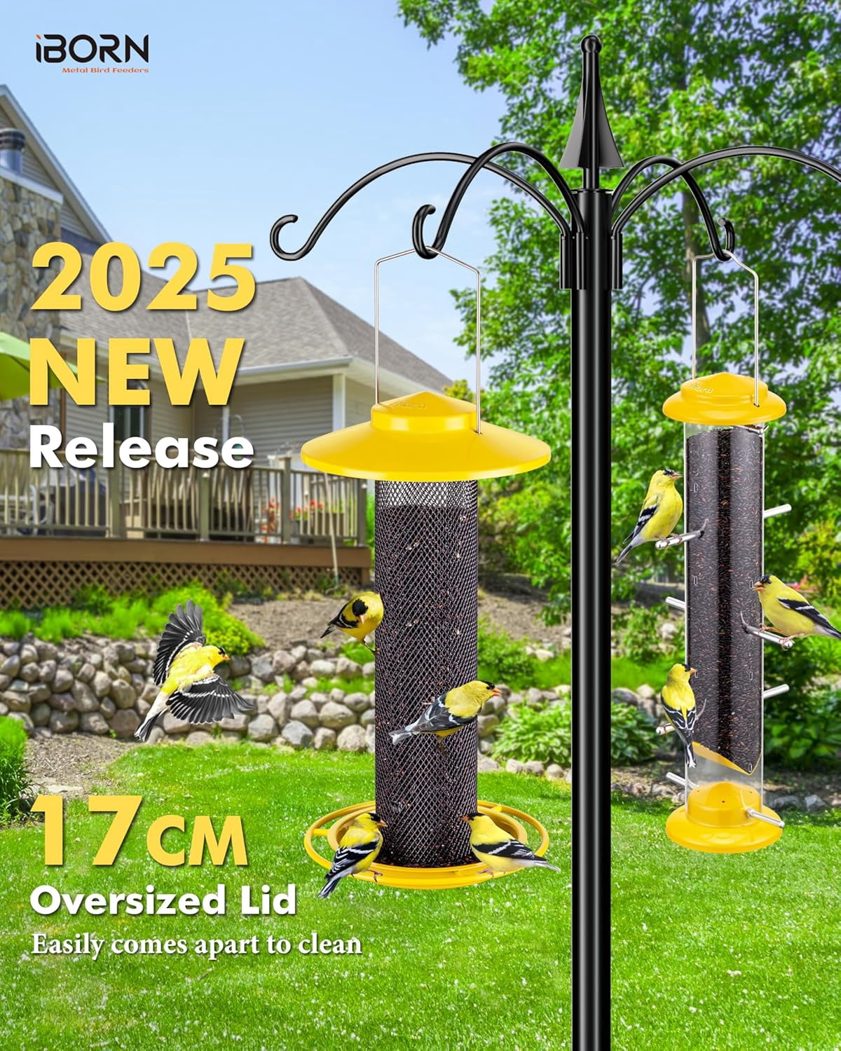 Finch Feeders for Outside,Thistle Bird Feeders for Outdoors Hanging,Nyjer Seed Feeder,Metal Mesh Tube Bird Feeder 13.5 Inch with 17cm Weatherproof Large Roof and Tray,2 LB Capacity,Yellow