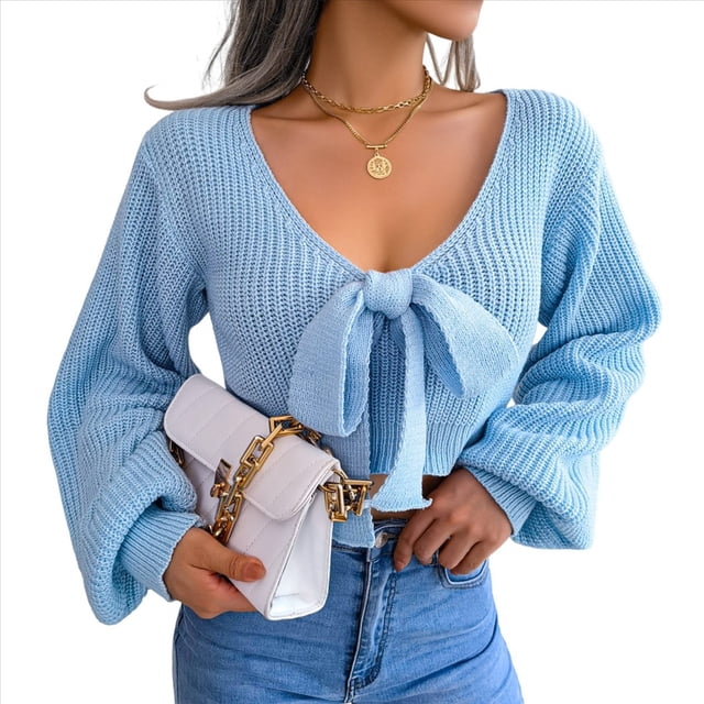Suéter de Punto Acanalado con Lazo y Larga para Mujer, Top Corto con Cuello en V para Otoño e Invierno. Azul L