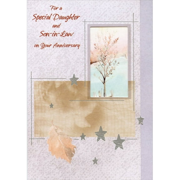 Designer Greetings Small Tree Inside Die Cut Window and Silver Foil Stars Die Cut Short Fold Wedding Anniversary Congratulations Card for Daughter and Son-in-Law