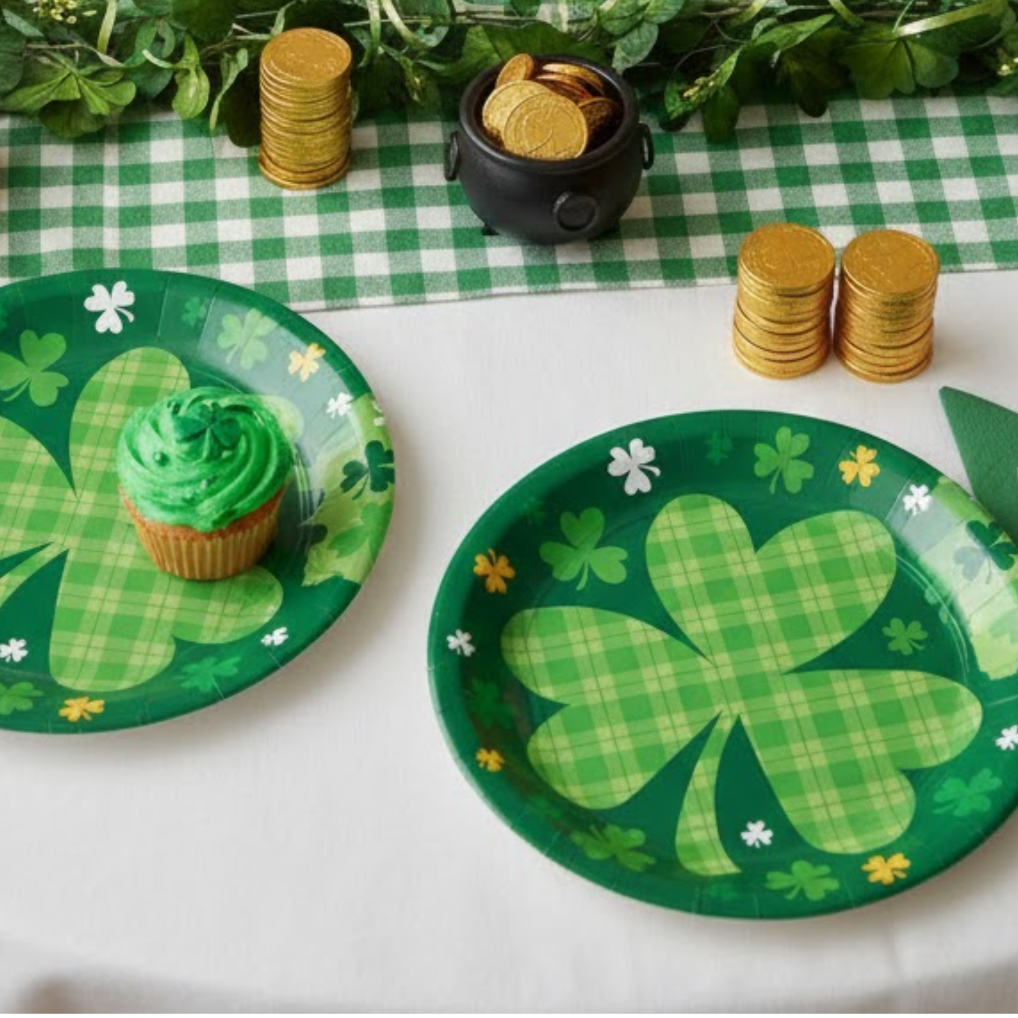 St. Patrick’s Day Party Supplies Set – Shamrock Dessert & Appetizer Plates -16 Count, 7" & “Let the Shenanigans Begin” Beverage Napkins -16 Count – Disposable Paper Plates & Napkins