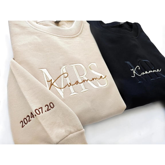 Custom Mrs. Embroidered for future Mrs & Mr engagement, bride to be, date on sleeve, Valentine's Day, Sweatshirt