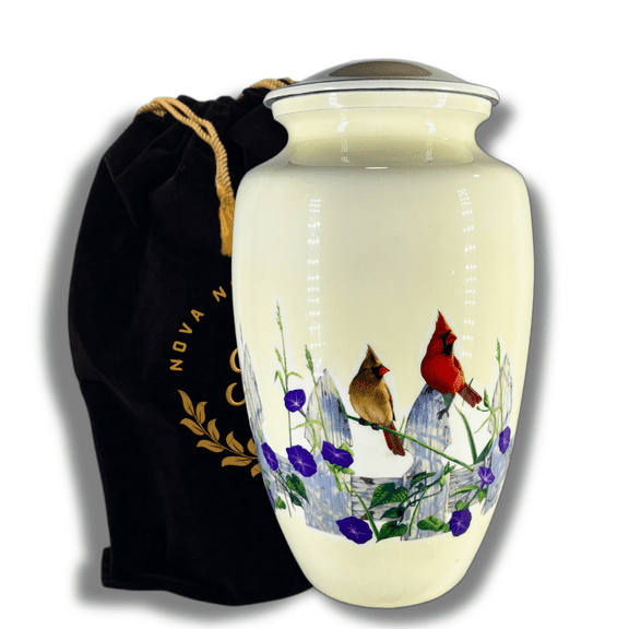 Nova Niche Cardinal Birds Design Adult Cremation Urn for Human Ashes – Large Aluminum Memorial Urn with Velvet Storage Bag