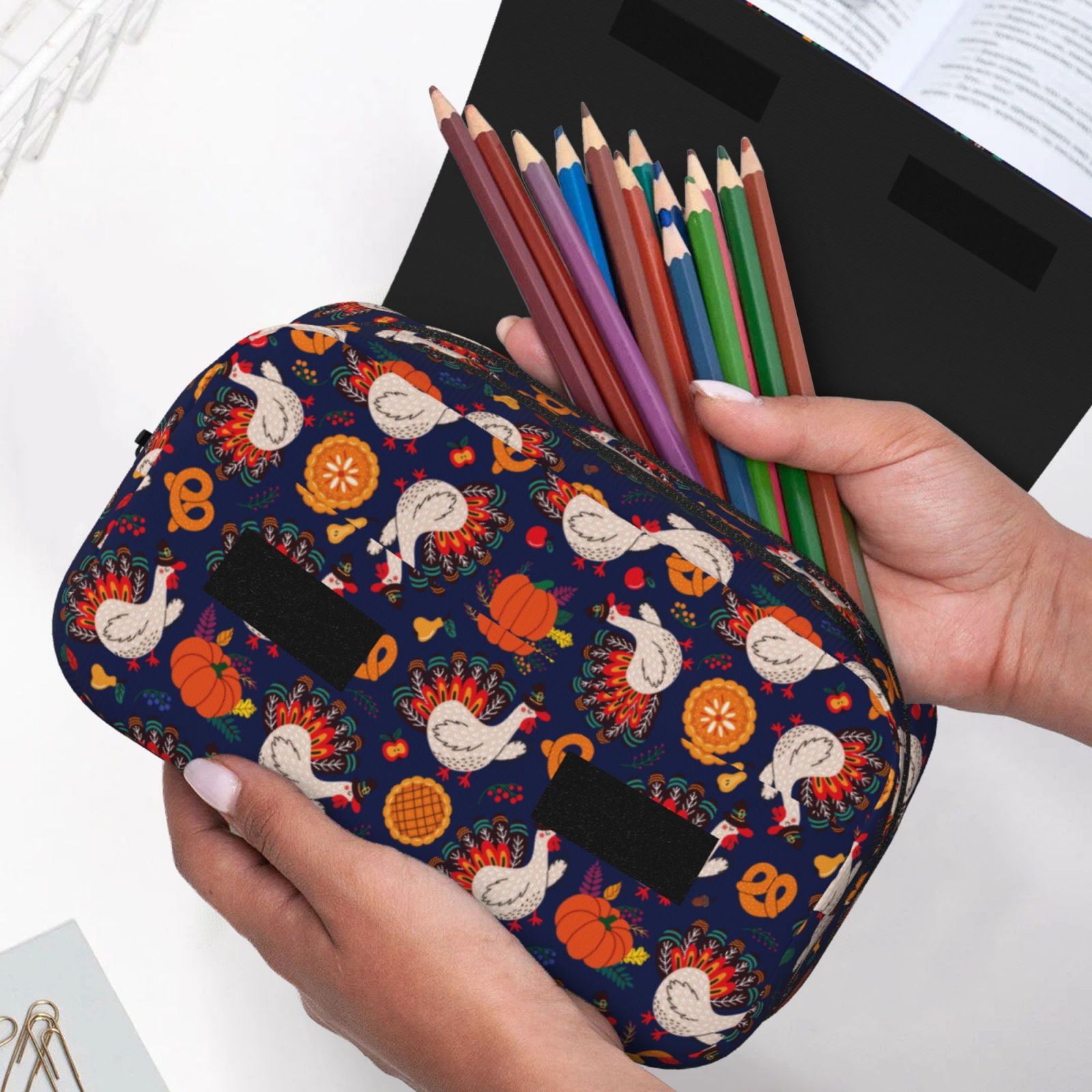 Rateoe Turkey And Thanksgiving Pattern Double Clamshell Pen Case, Storage Organizer with Two Zipper Compartments– Holds Up to 50 Pencils & Pens