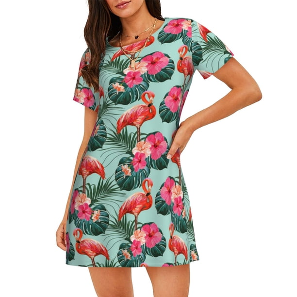 Easygdp Palm Leaves Flamingo Camisón de manga corta para mujer, informal, estampado