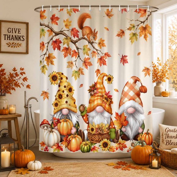 Gnomes Fall Shower Curtains for Bathroom, Maple Leaf Thanksgiving Pumpkins Orange Waterproof Fabric Shower Curtain, Decorative Bathroom Curtain for Bathtub, 72"x84", No Hooks Included