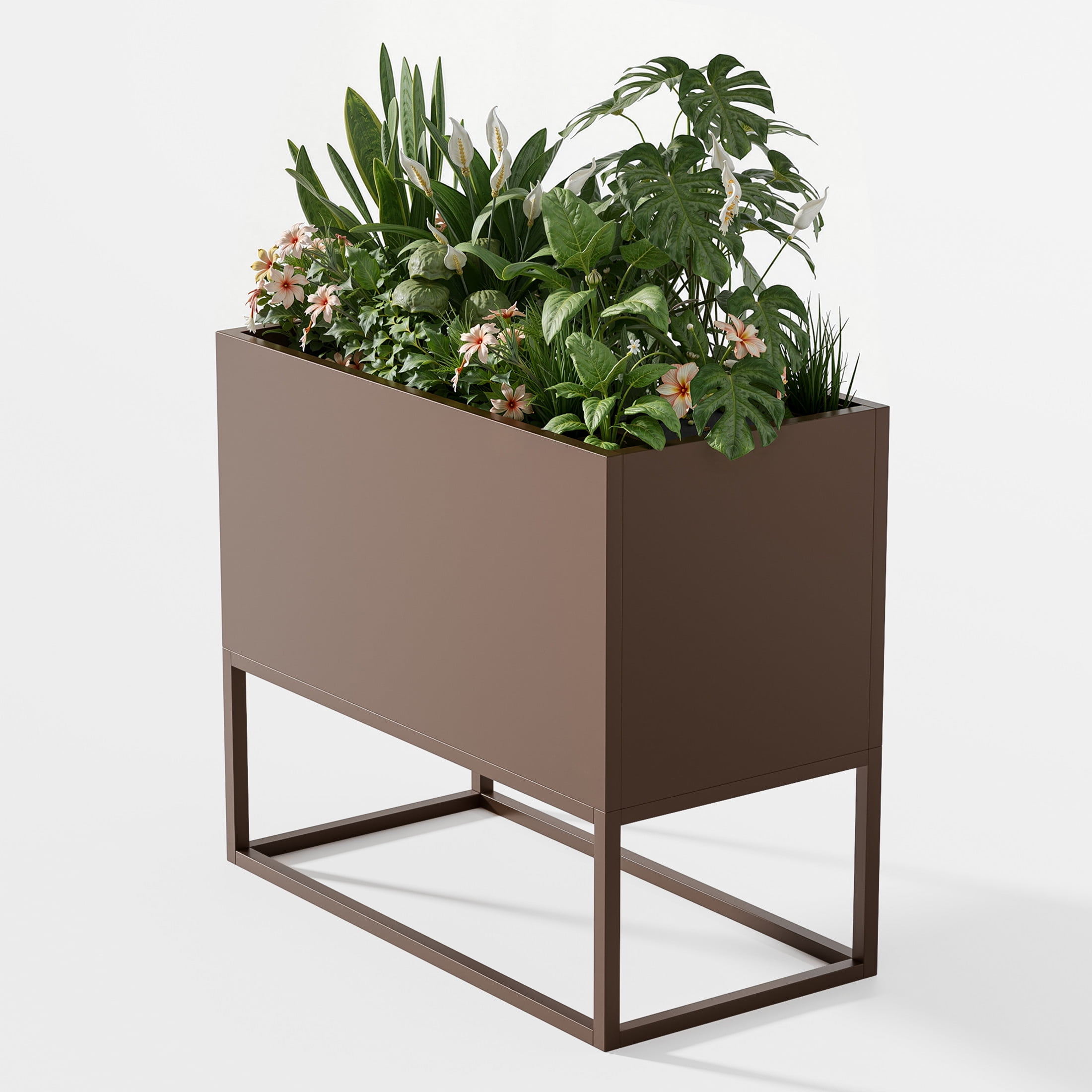 Noble House Minimalist 36“ Rectangular Planter, Raised Base, Drainage Holes, Indoor/Outdoor, Brown