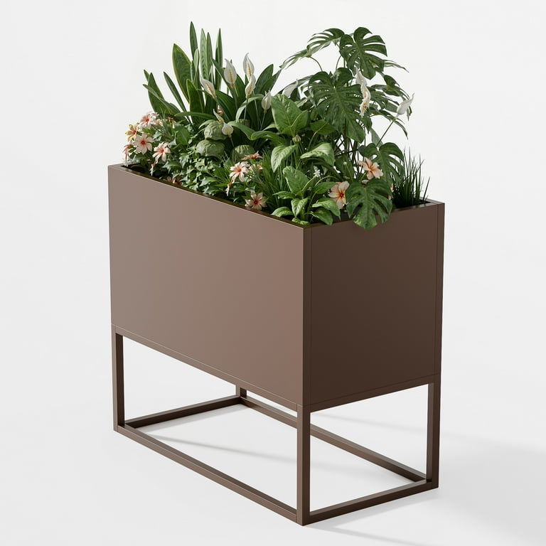 Noble House Minimalist 36 Rectangular Planter, Raised Base, Drainage  Holes, Indoor/Outdoor, Brown