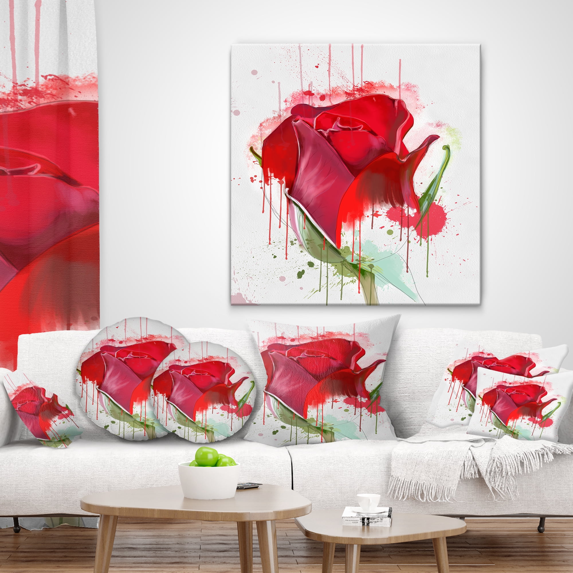 Designart Colorful Red Rose Sketch Watercolor - Floral Throw Pillow - 16x16