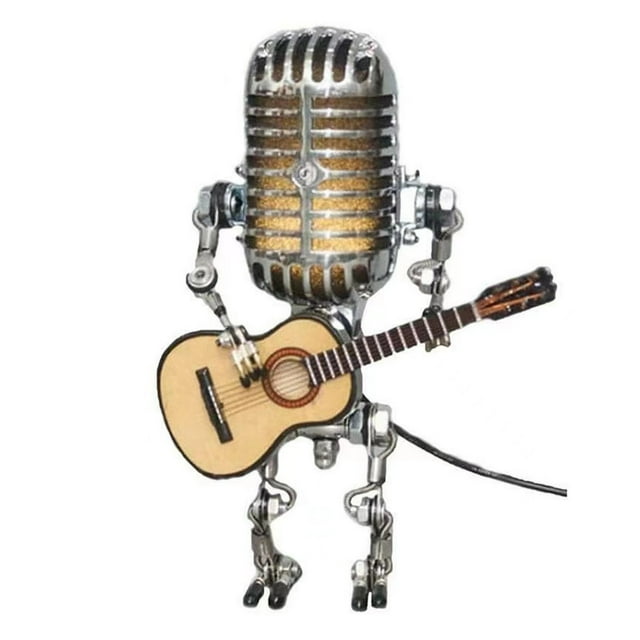 Fwttom Lampe de Table Robot Microphone Style Rétro Tenant une Guitare Veilleuse Vintage Lampe Robot Microphone en Métal