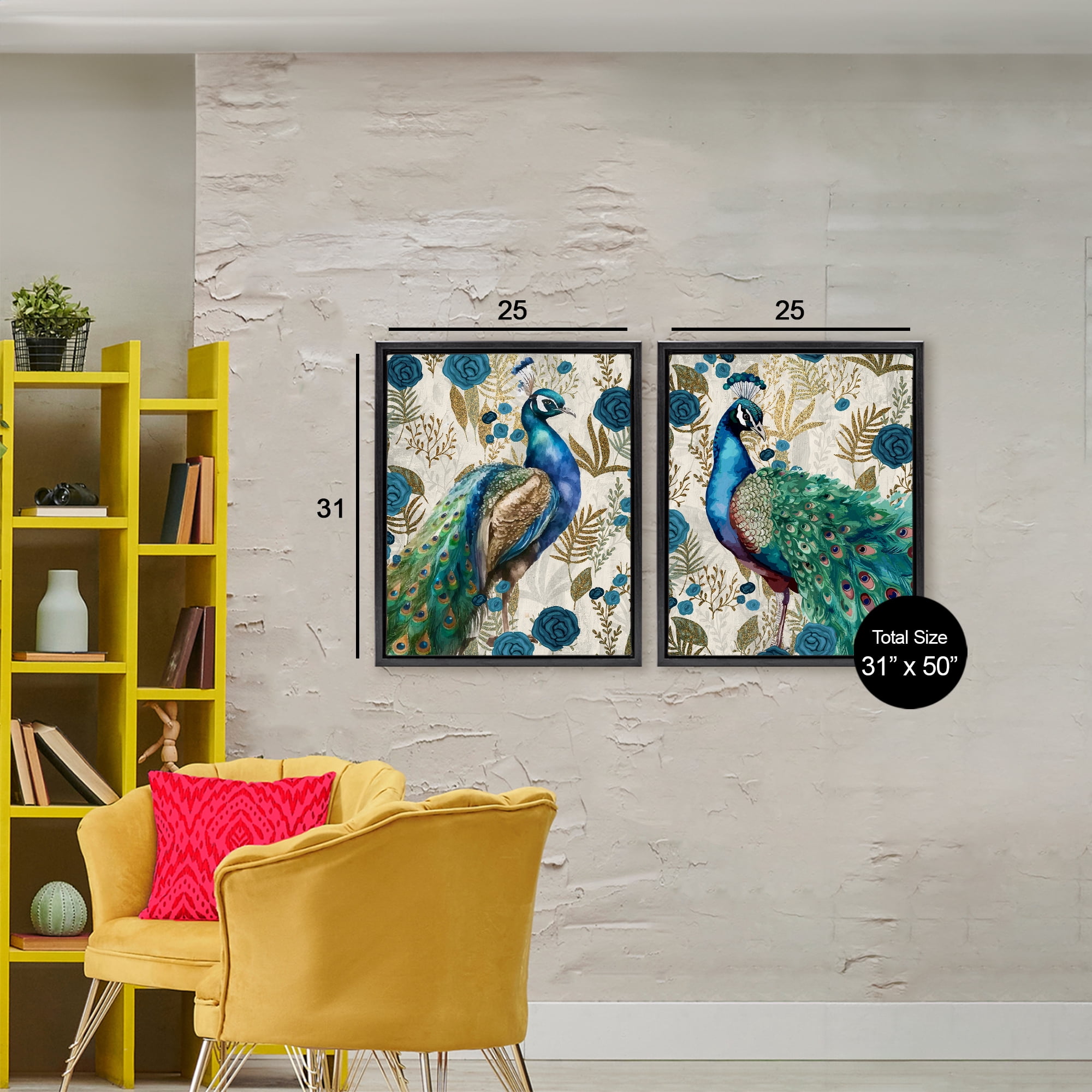 Stupell Industries Floral Peacock Pride 2 Piece Black Framed Floater Canvas Set, design by Kim Allen