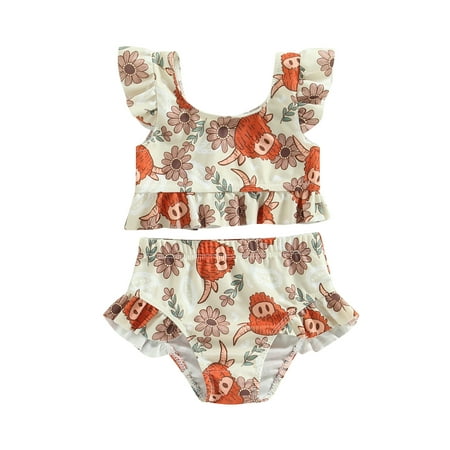 

Western Toddler Baby Girl Bikini Set Flower Bull Head Print Fly Sleeve Vest Elastic Waist Briefs Bathing Swimsuit