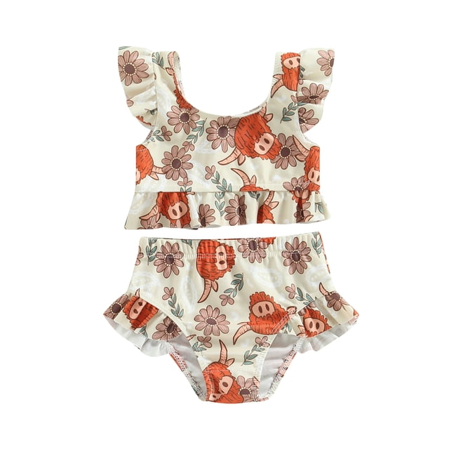 Gupgi Baby Girl Swimsuits, Floral/Cattle Print Ruffles Short Sleeve Crop Tops+Briefs