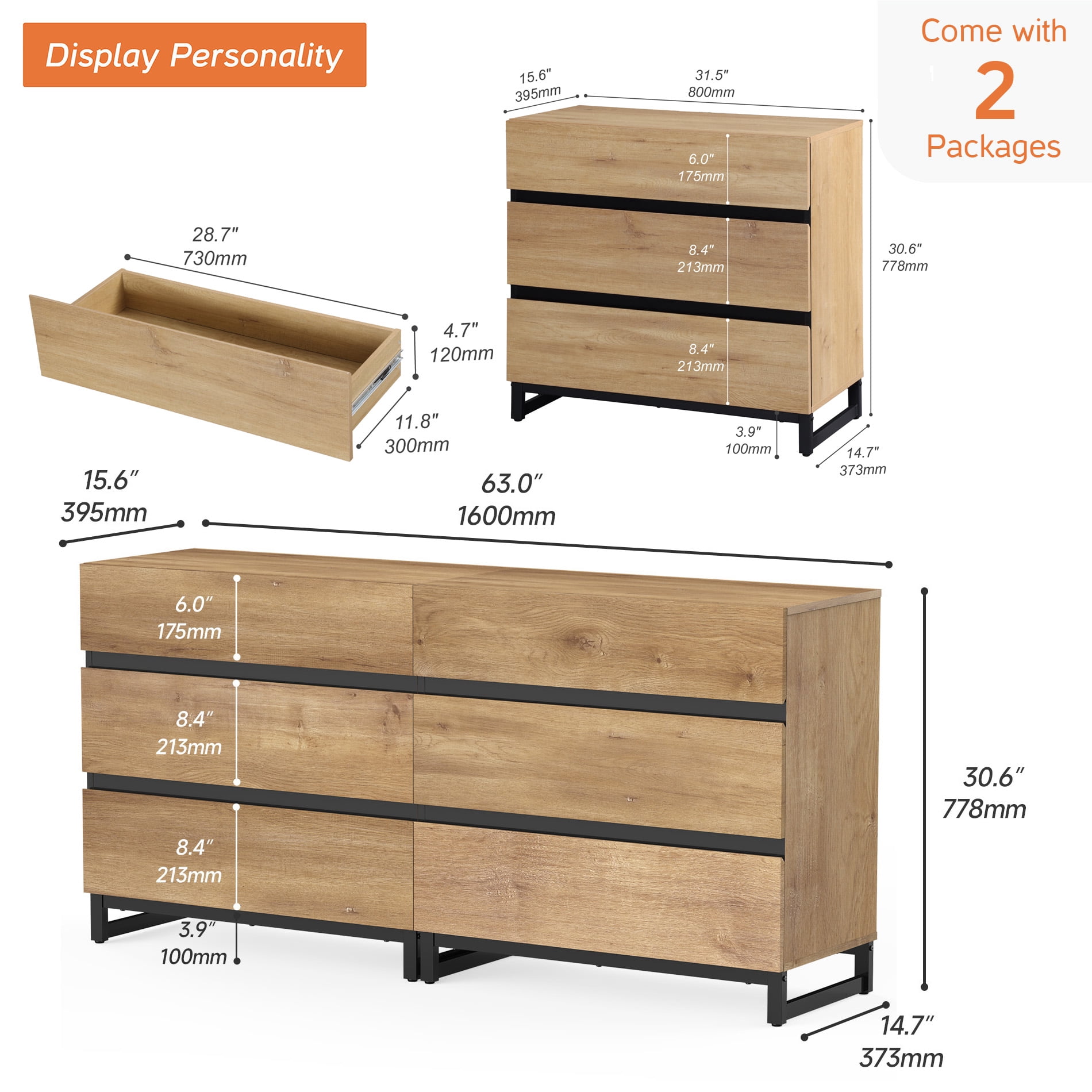 WAMPAT Dresser for Bedroom, Closet Organizers and Storage with 6 Drawers, Chest of Drawers with Metal Base, Modern Wood Dresser for Living Room, Bedroom,Oak