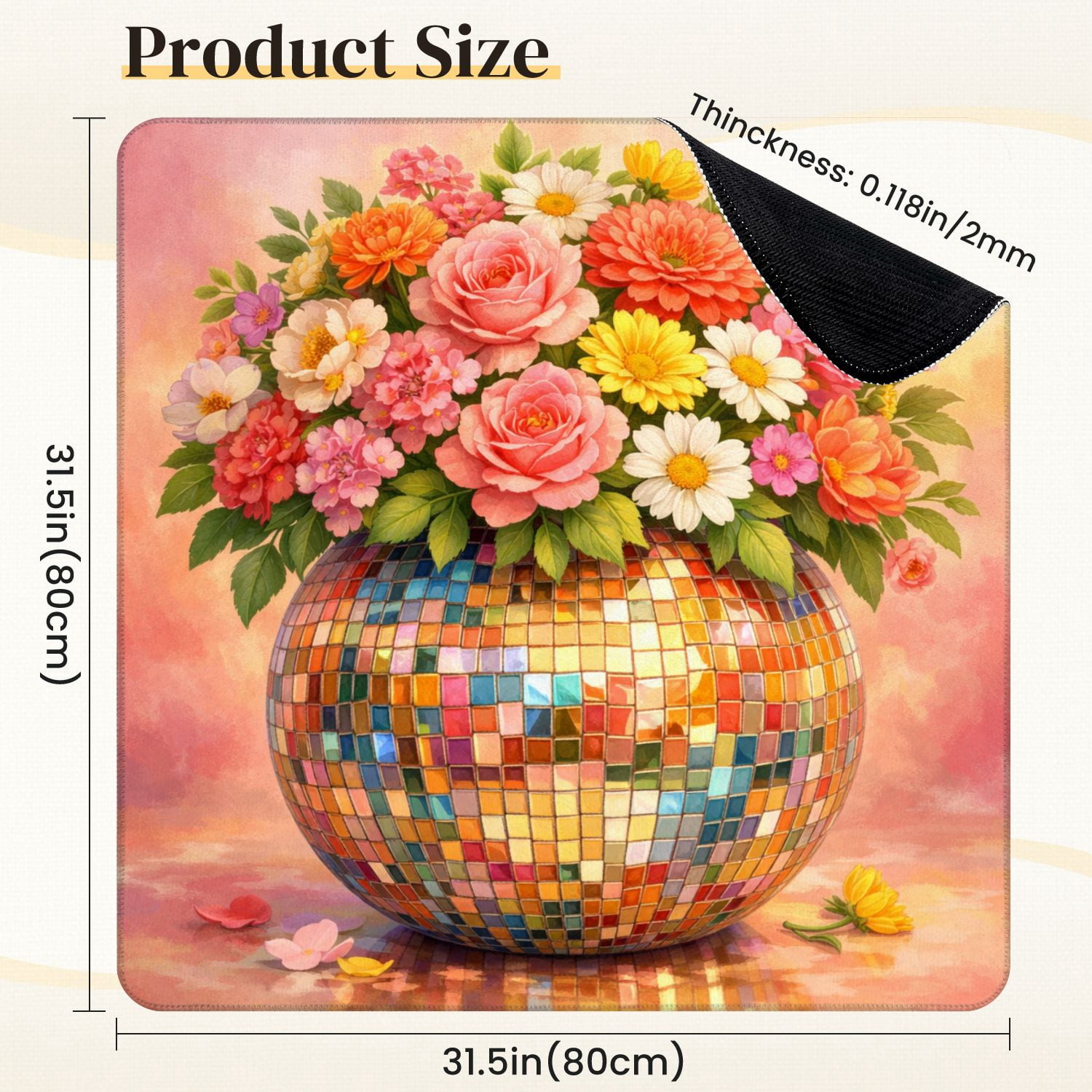 Mahjong Mat 31.5" x 31.5" Colorful Floral Bouquet Mosaic Vase Vibrant Blossoms Non-Slip Noise Reduction Mahjong Tiles Table Cover for Dominoes Poker Card Board and Tile Games