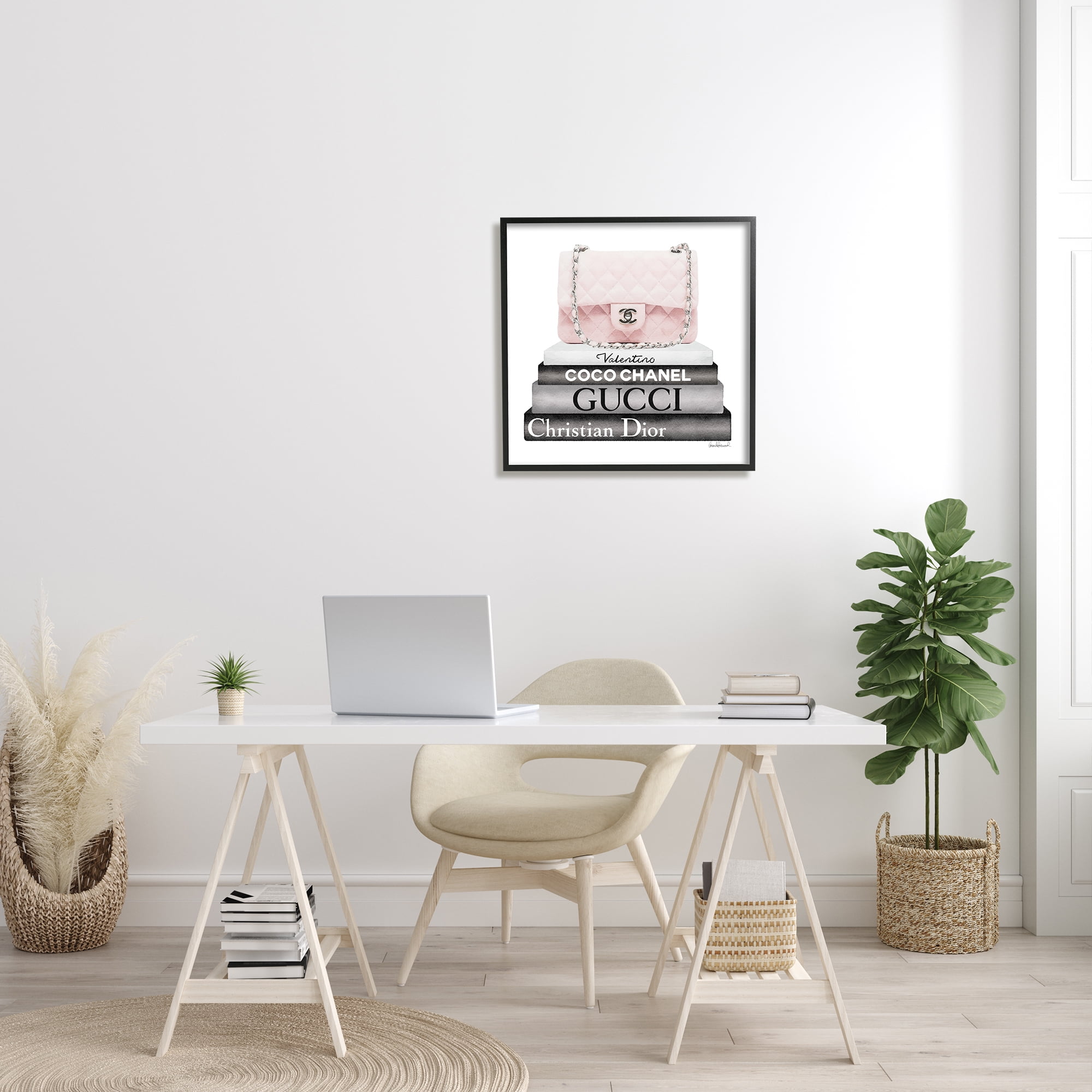 Stupell Industries Pink Quilted Purse on Modern Chic Bookstack Beauty & Fashion Painting Black Framed Art Print Wall Art, 24 x 24