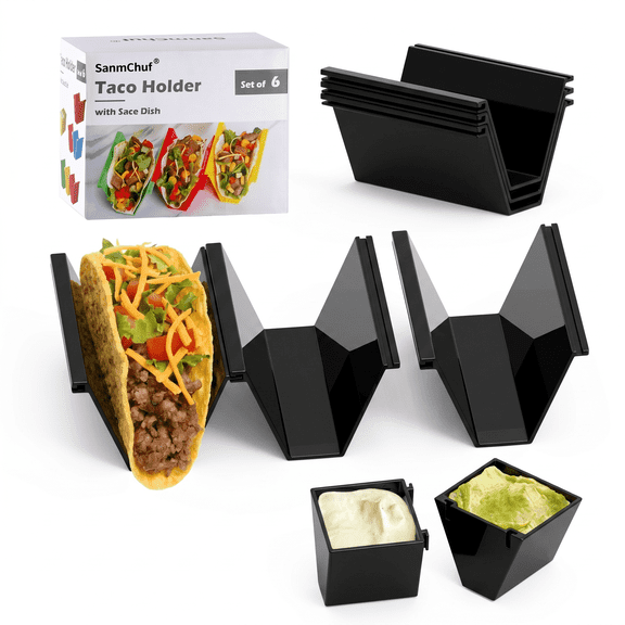 Black Taco Holder Set of 6 with 2 Sauce Cups - Connectable & Stackable Taco Stands, Modern Taco Rack for Party & Family Dinner