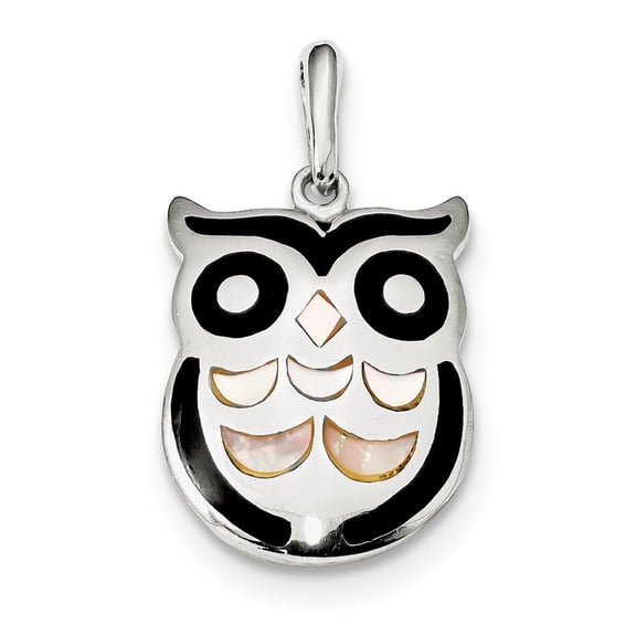 17mm Sterling Silver Simulated Mother of Pearl and Simulated Onyx Owl Pendant