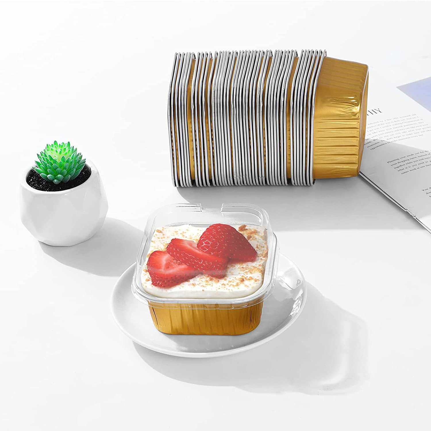 Lotfancy Aluminum Foil Cupcake Baking Cups with Lids and Spoons, 5oz/125ml, 50 Pack Disposable Creme Brulee Ramekins, Oven Safe Mini Cake Tins