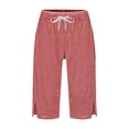 thumbnail image 4 of UVEASISHA Striped Linen Pants for Women Summer 2025 Drawstring Capri Pants Casual Beach Vacation Clothes with Pockets Watermelon Red L, 4 of 8
