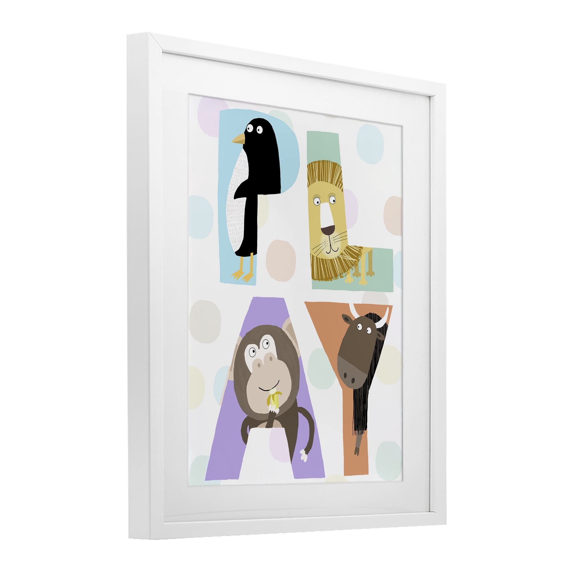 Stupell Industries Play Letters with Animals White Framed Print Under Glass, design by Carla Daly