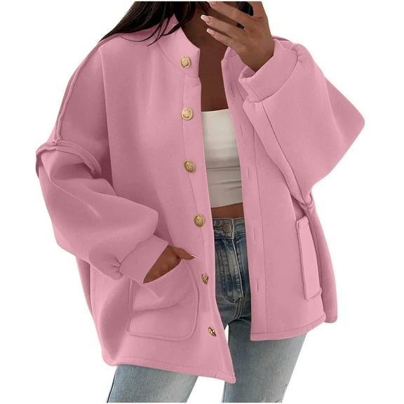 ZUKMRJPC Womens Bomber Jacket Long Sleeve Casual Lightweight Button Down Jackets Solid Color Warm Fleece Lined Outwear with Pockets