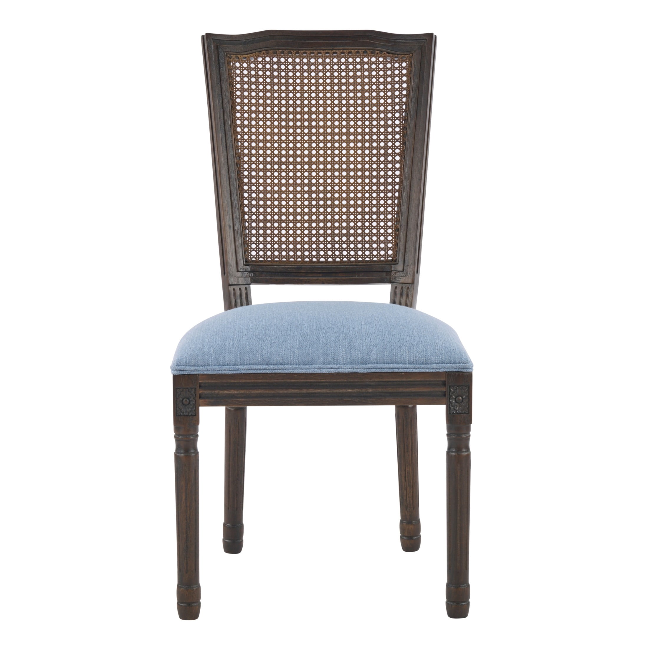 Christopher Knight Home Set of 2 French Country Dining Chairs with Rattan Cane Back, Dark Walnut+Slate Blue