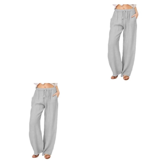 Sonducket Pantalones de mujer Color sólido Suelto Cintura alta Casual Niñas Señoras Verano Transpirable Lino Pantalón largo Ropa Gris Gris XXXL 2piezas