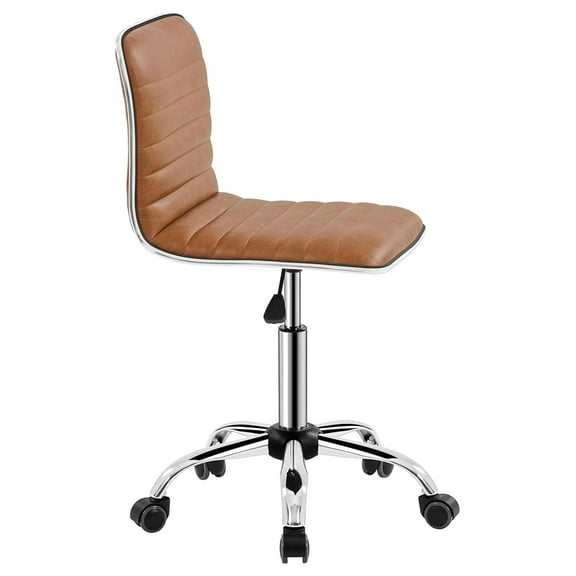 PU Leather Low Back Armless Desk Chair Ribbed Swivel Task Chair Office Computer Chair with Wheels, Brown
