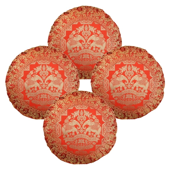 Stylo Culture Ethnic Brocade Living Room Throw Pillow Sham Covers Red 17x17 Traditional Jacquard Weave Pleated Border Sofa Cushion Covers 43 x 43 cm Satin Elephant Round Pillow Cases | Set Of 4