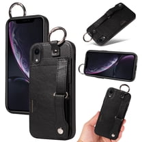 for iPhone XR Wallet Case with Card Holder, Hand Wrist Strap Loop Holder Kickstand, Finger Grip Ring PU Leather Double Buttons Shockproof Soft TPU Cover for iPhone XR, Black