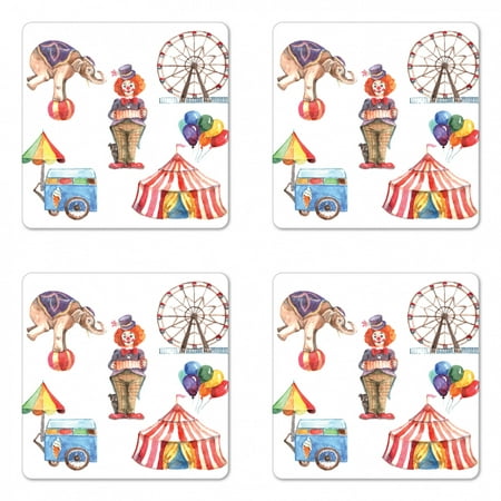 

Circus Coaster Set of 4 Festive Elements Clown Elephant Balloons Ice Cream Cart Watercolor Illustration Square Hardboard Gloss Coasters Standard Size Multicolor by Ambesonne