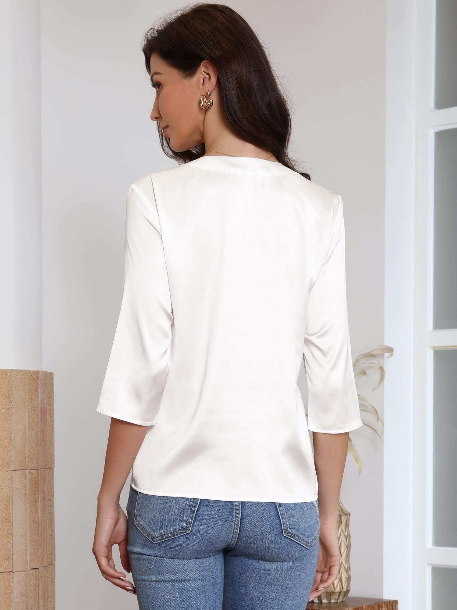 DARING DIVA Women's Satin Blouse Split V Neck 3/4 Sleeve Button Down Shirt XL White