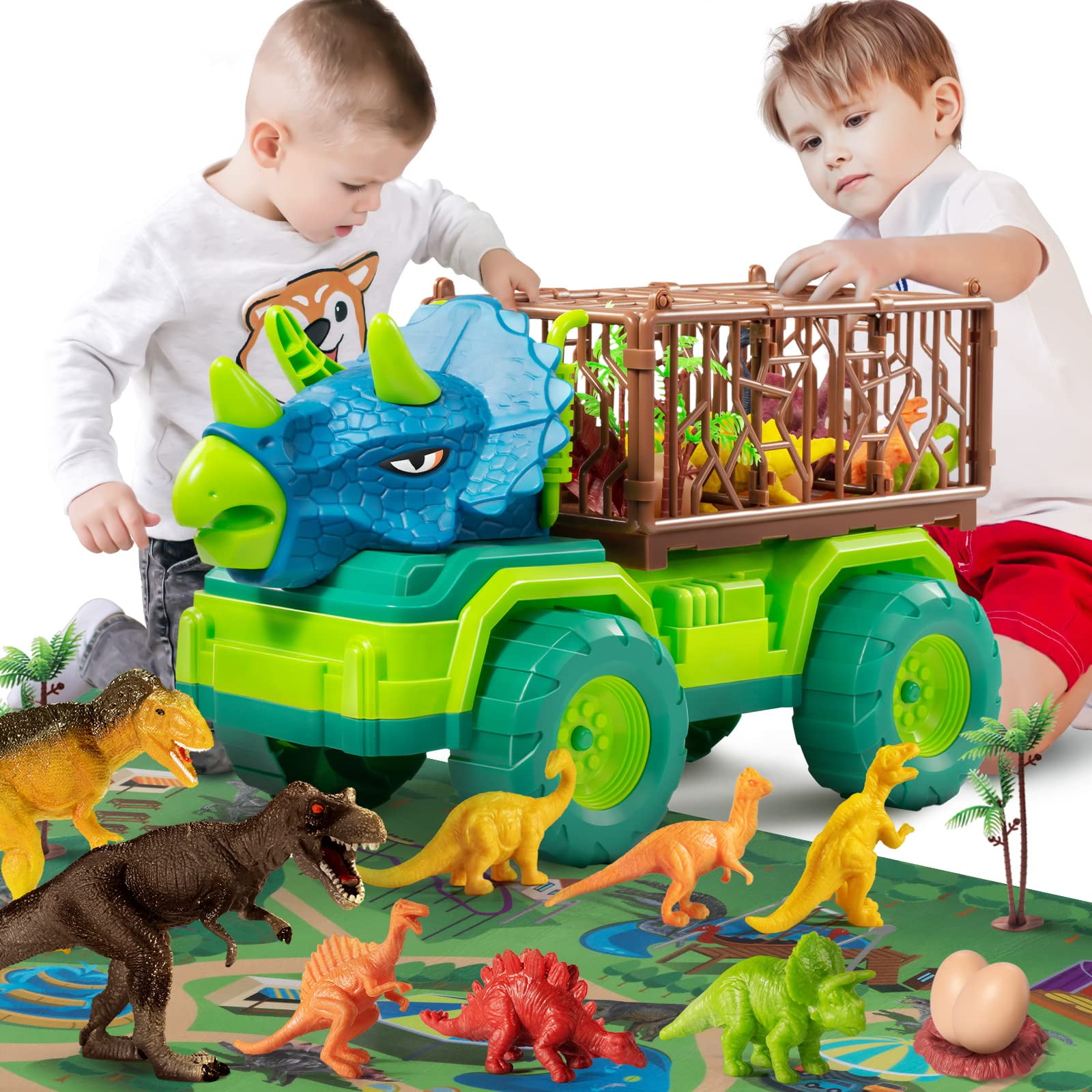 Dinosaur Truck Toy for Kids 3-5 Years, Triceratops Transport Car Carrier  Truck with 8 Dino Figures, Activity Play Mat, Dino Eggs and Trees, Capture  Jurassic Dinosaur Play Set for Boys and Girls 