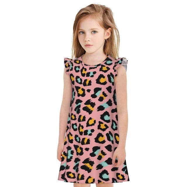 Fotbe Leopard Vestido de Dormir para Niñas de 3 a 10 Años, Mangas Cortas, Estilo Princesa, Pijama Camisón con Mangas Voladas-X-Large