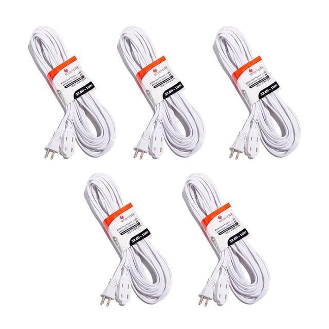 kit de extension smartbitt sbec-dom 10 metros con 5 piezas, cinco extensiones blancas enrolladas en vista frontal, cada una con enchufe polarizado de 3 pines y toma triple, cable flexible de 10 m con etiqueta Smartbitt y material retardante a fuego; recomendable para conectar electrónicos y lámparas de interior en rincones lejanos del hogar.