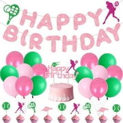 Pink Green Tennis PriNst Party Decorations - Happy Birthday Banner, Latex Balloons, Cake Topper Set