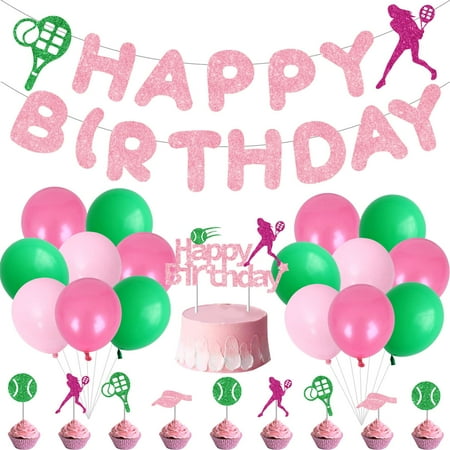 Pink Green Tennis PriNst Party Decorations - Happy Birthday Banner, Latex Balloons, Cake Topper Set