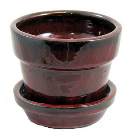 Red Glaze Ceramic - Glazed Ceramic Pot/Saucer - Tropical Red - 4 3/8