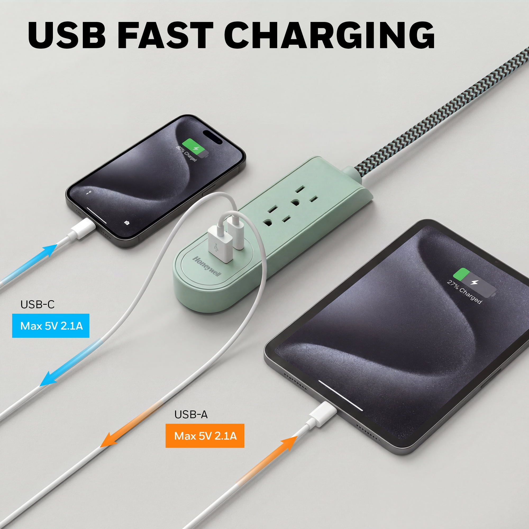 Honeywell 3 ft. Fabric Power Strip with 2 AC & 2 USB Ports (2.1A), 45° Angled Flat Plug (Sage Green)