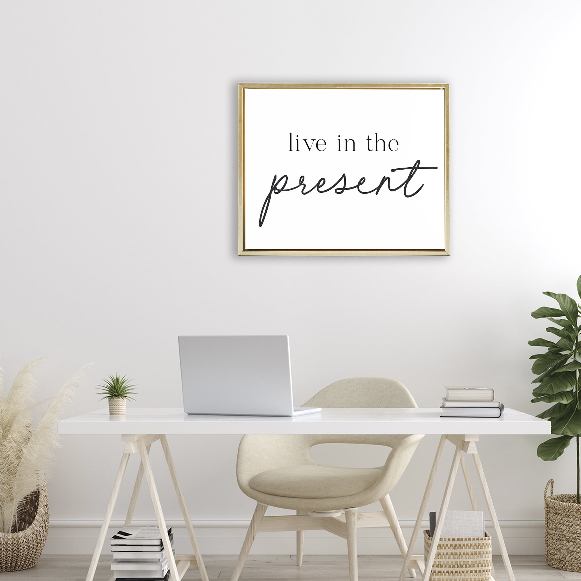 Live In The Present Gold Framed Floater Canvas Wall Art, design by Lettered and Lined