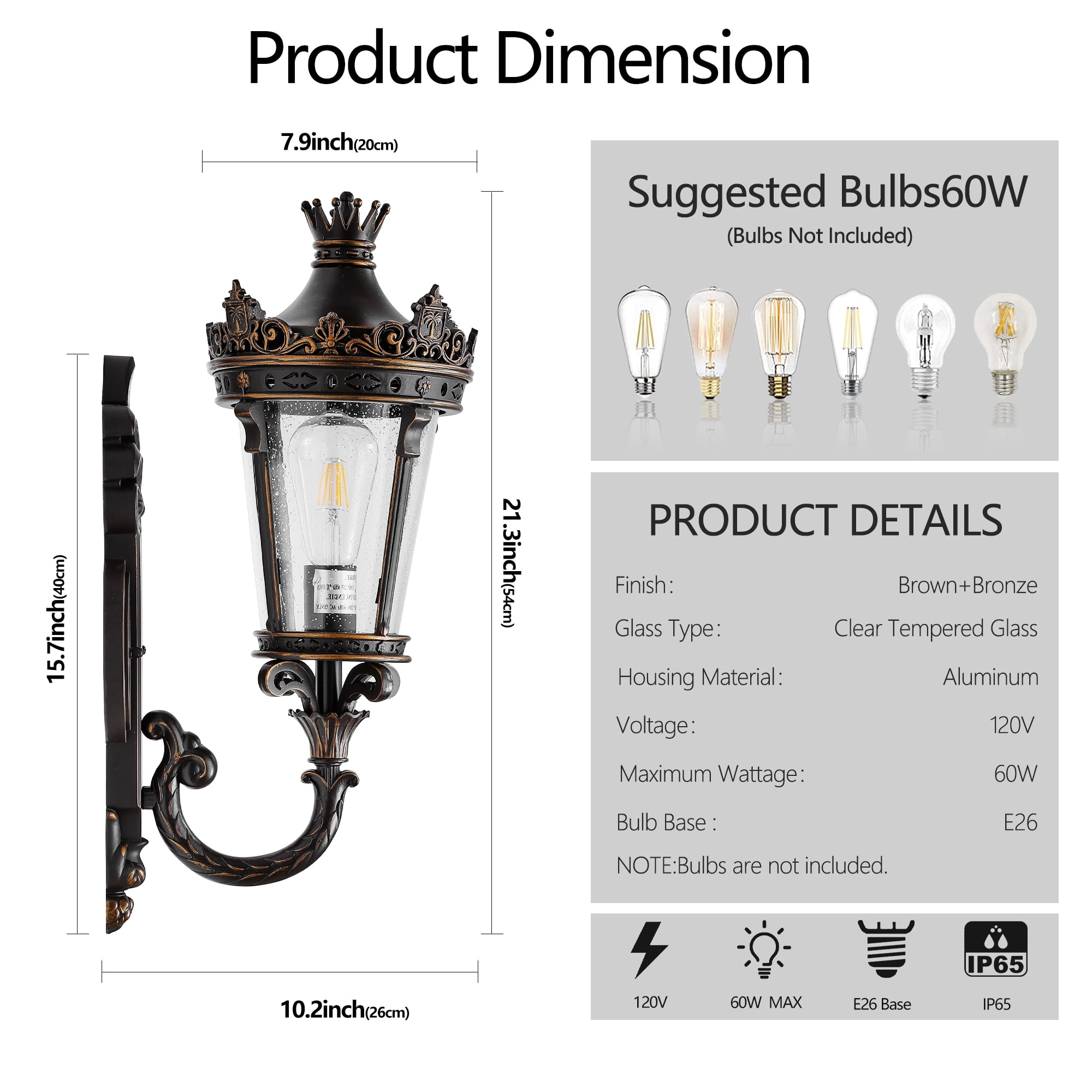 Leumius 21"(H) Vintage Outdoor Wall Lantern, Waterproof Exterior Wall Sconce with Crown Top and Clear Glass, Decorative Outdoor Lighting Fixture for Patio, Garden or Entryway (One piece&No bulb)